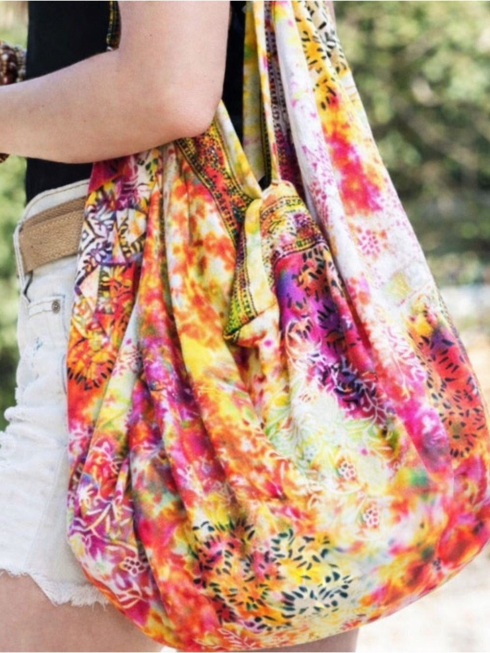 Boho Hobo Bag Pink Yellow Tie Dye Slouchy Shoulder Bag Zipper Large. NWOT
